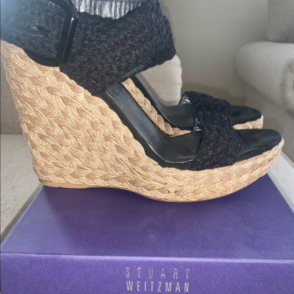 STUART WEITZMAN ALEX NERO CROCHET WEDGE SANDALS